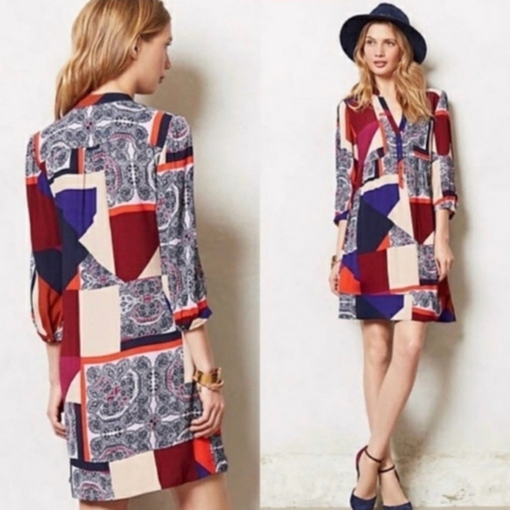 Anthro Maeve Colorful Geometric Pattern Dress